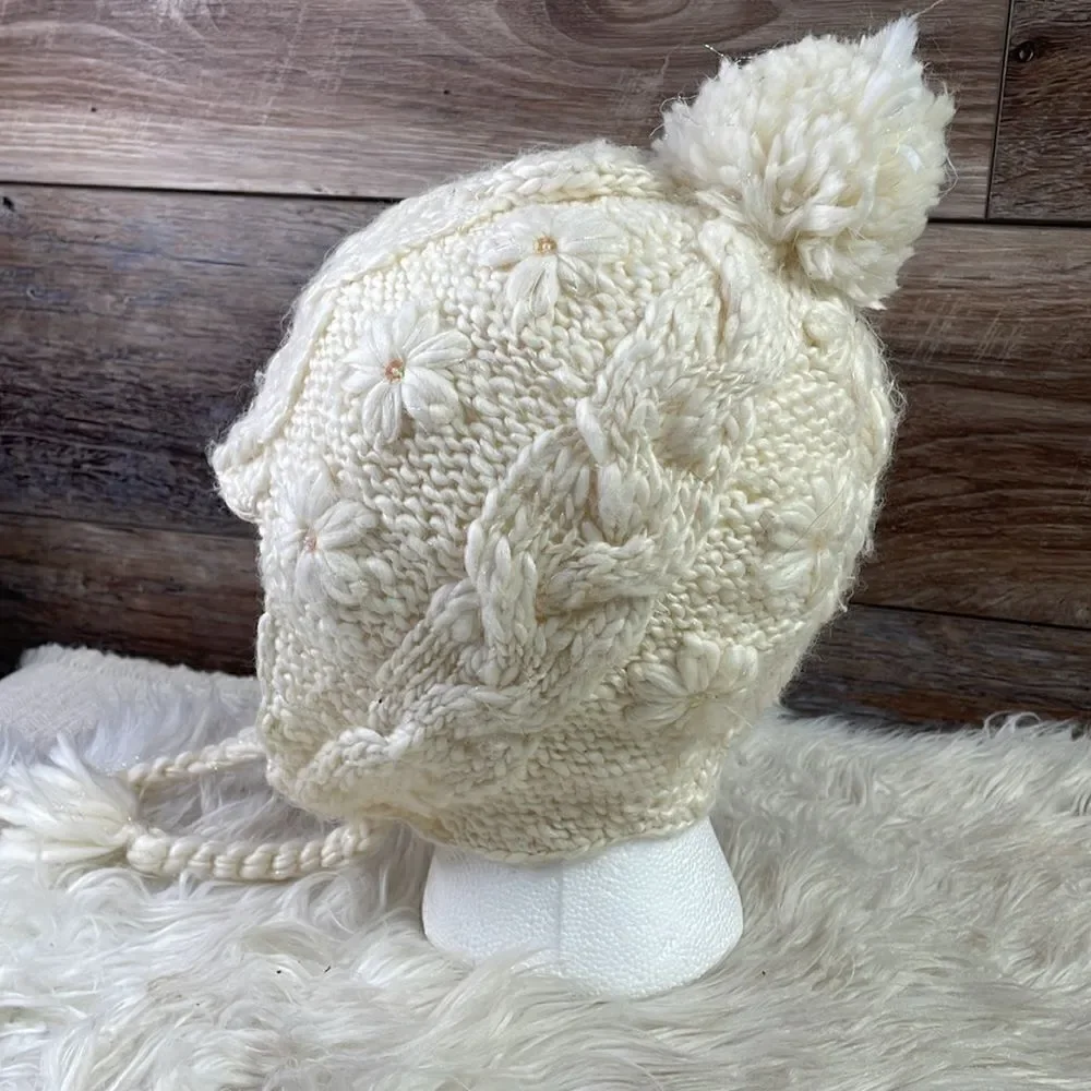 Knitted Ear Flap Beanie Youth Hat , Youth Size 8-16, Off White